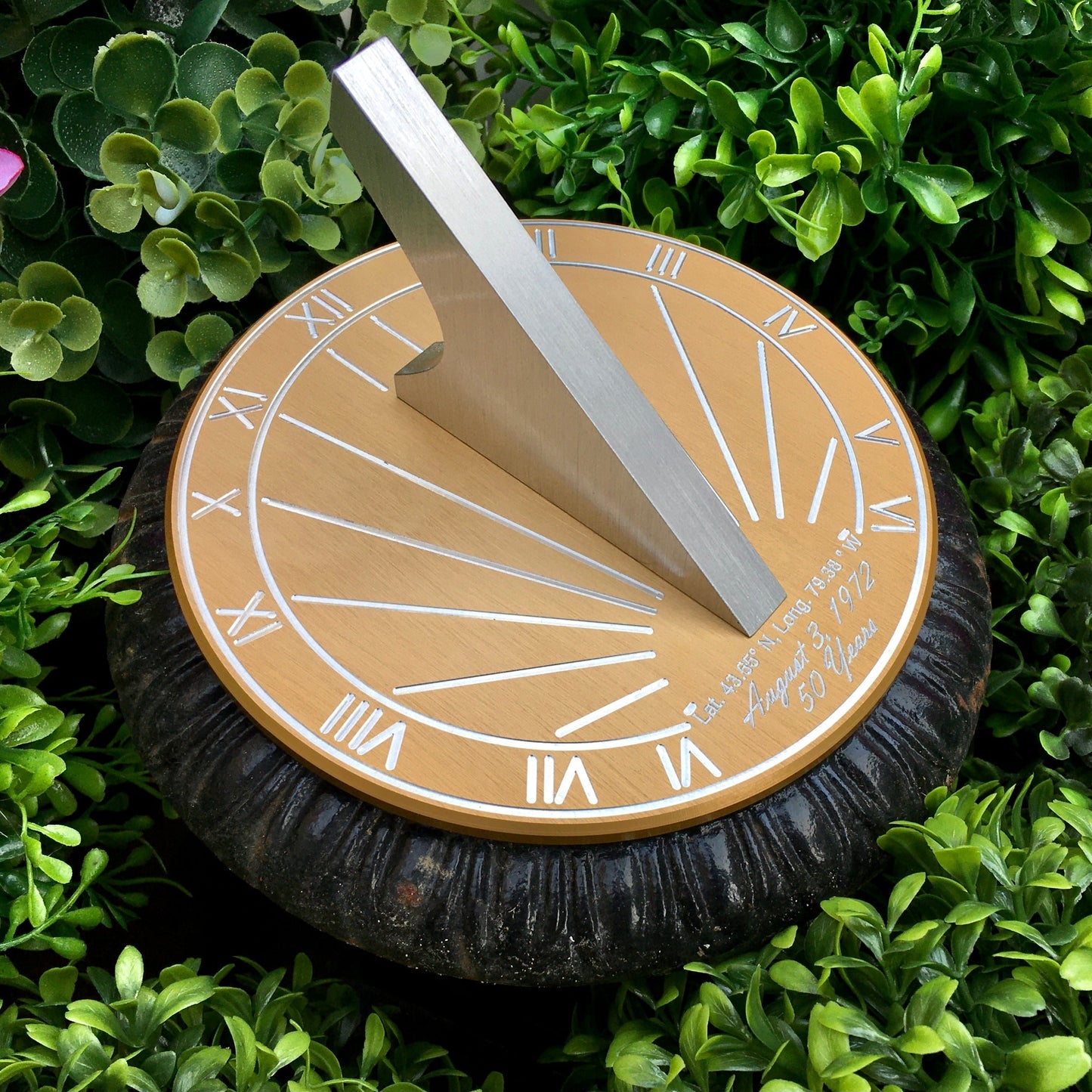 Gifts for golden wedding anniversaries sundial shown in garden on a bush as a gifts golden wedding anniversary.