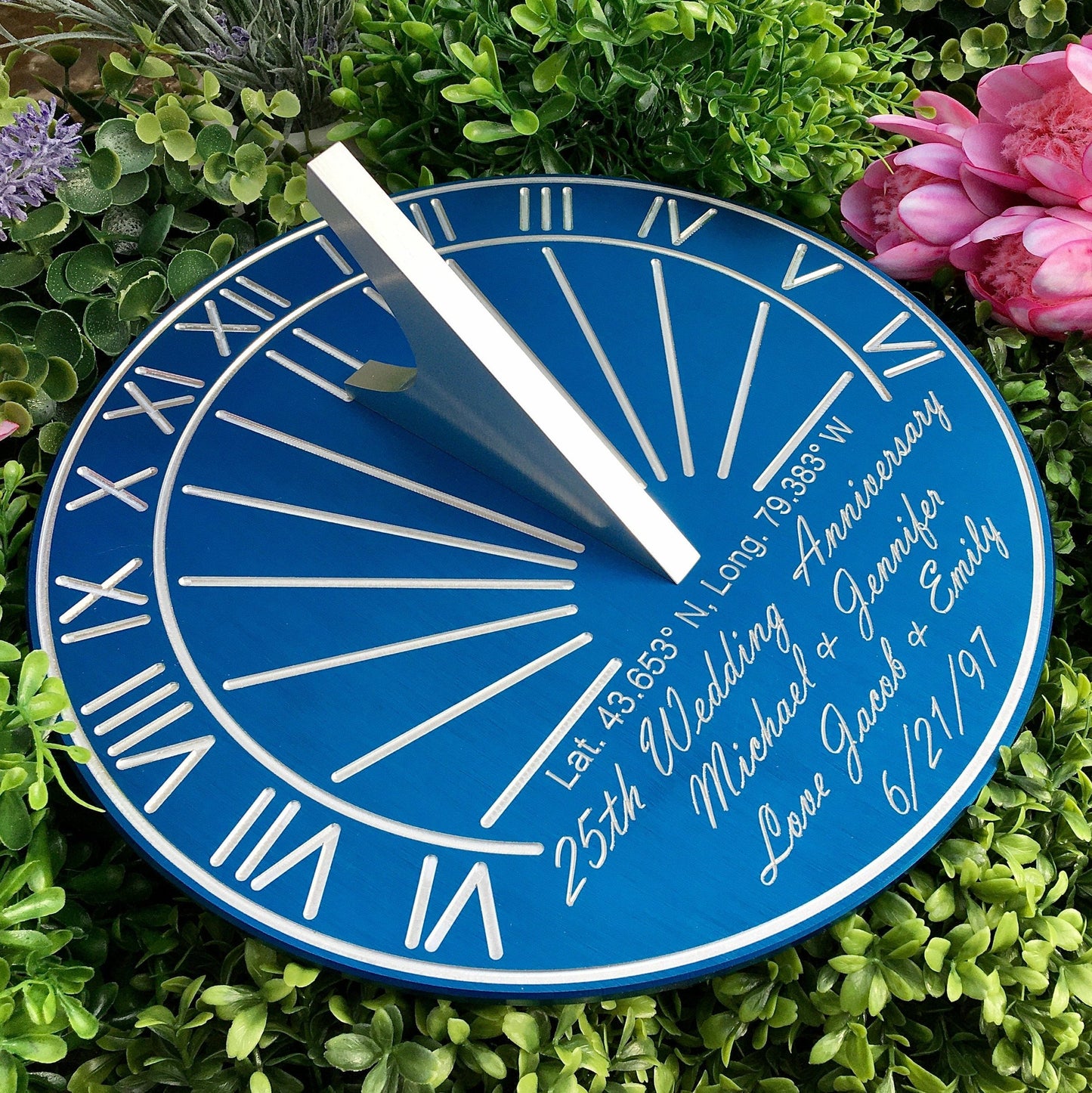 Custom 25th Wedding Anniversary Engraved Blue Sundial Gift