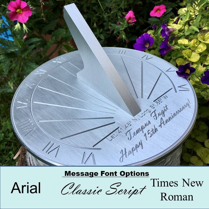 15 year anniversary gift husband in garden, being shown as a silver sundial for anniversary gift for 15 years for husband.