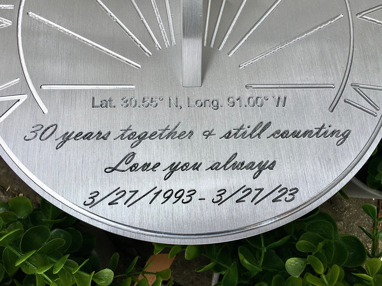 Close up of Apollo Sundials pearl wedding anniversary gifts, the perfect 30 year wedding anniversary message for my wife.