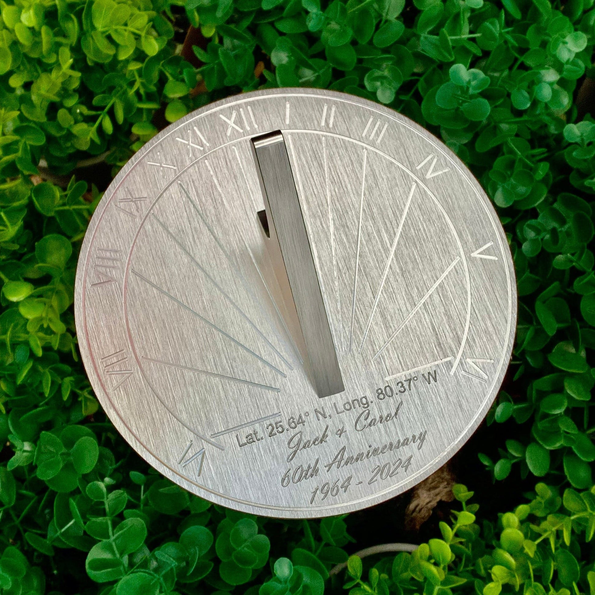 60th wedding anniversary gifts sundial in garden, custom engraved just for you as diamond anniversary gifts.