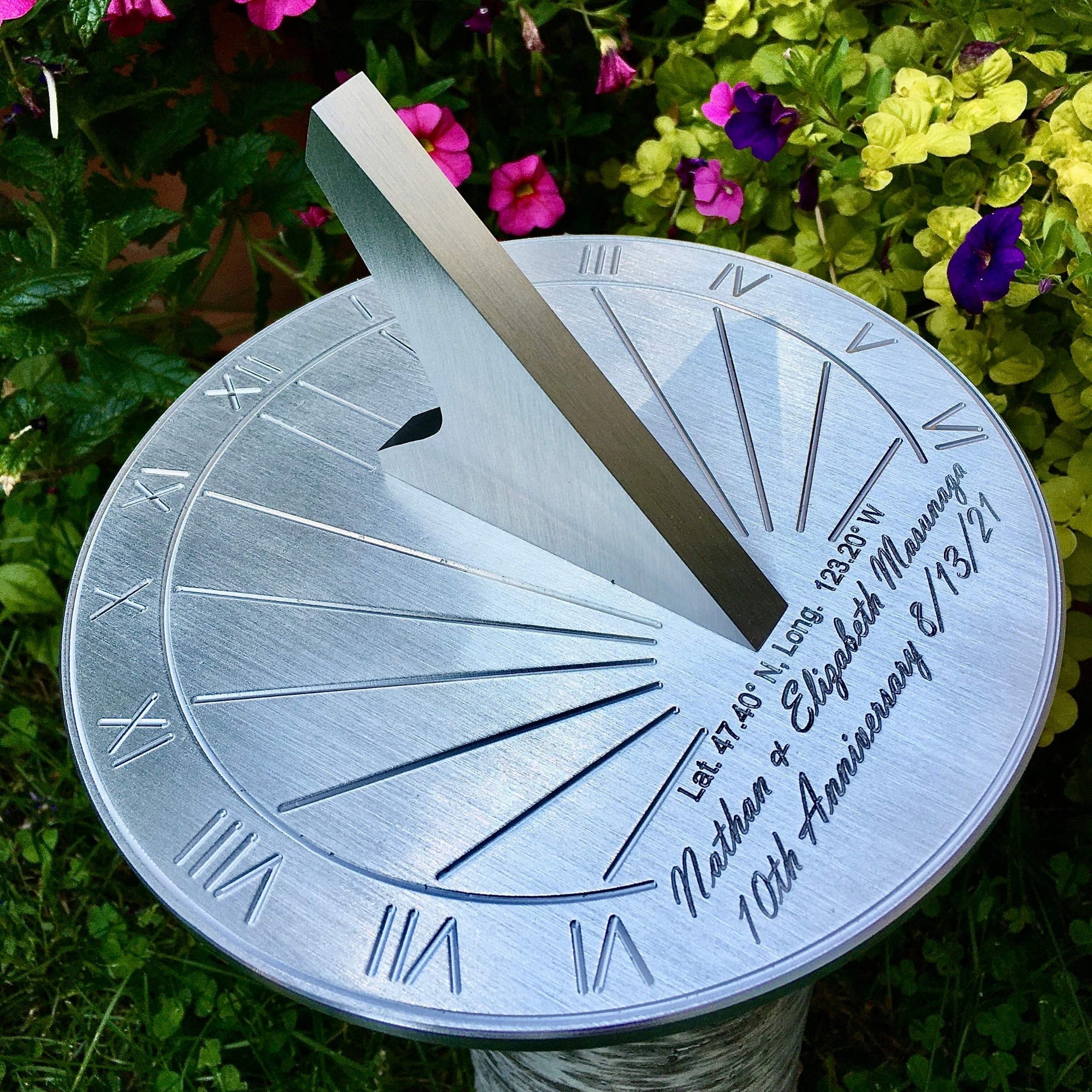 This is our tin 10 year anniversary sundial, Apollo Sundials offers beautiful tin or aluminium anniversary gifts. The perfect tenth anniversary metal, and amazing ideas for tin wedding anniversary. 