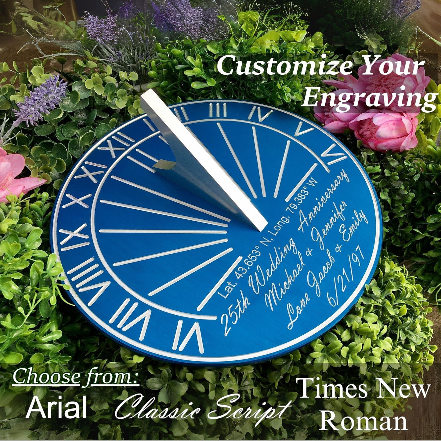 Custom 25th Wedding Anniversary Engraved Blue Sundial Gift
