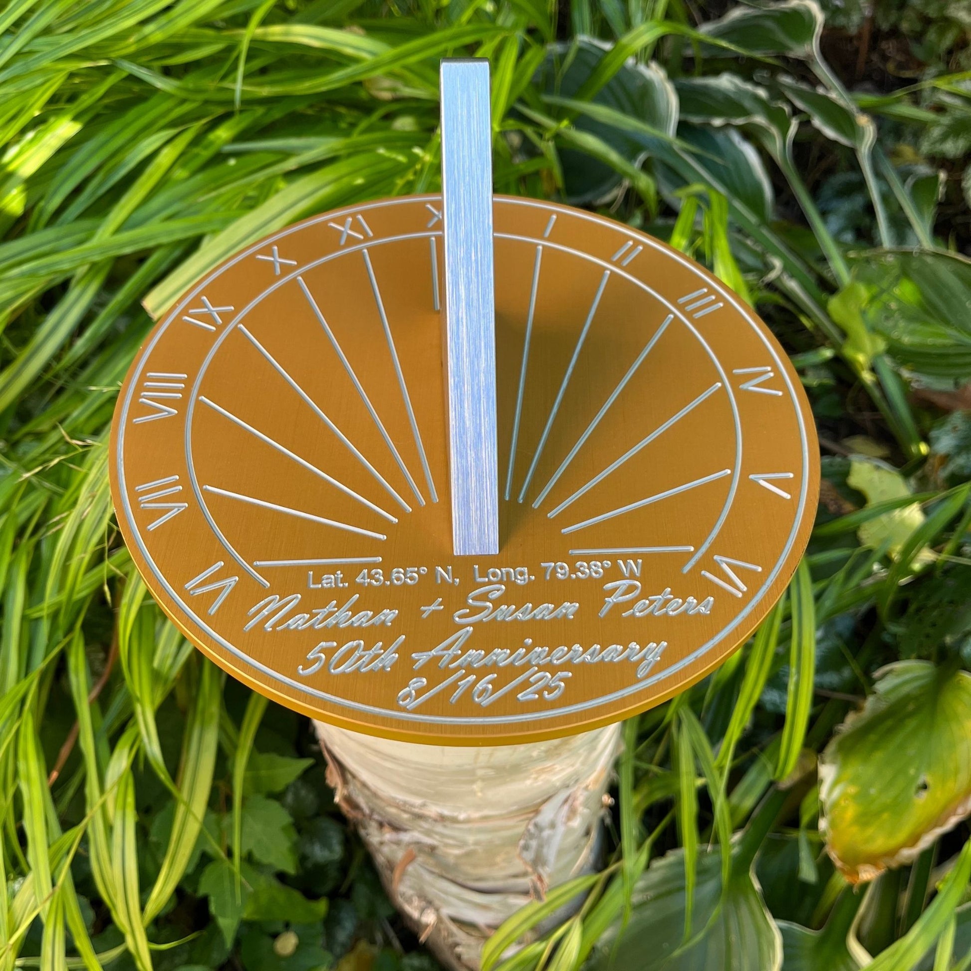 50th wedding anniversary gift sundial displayed in garden, making an excellent golden anniversary gifts sundial. 