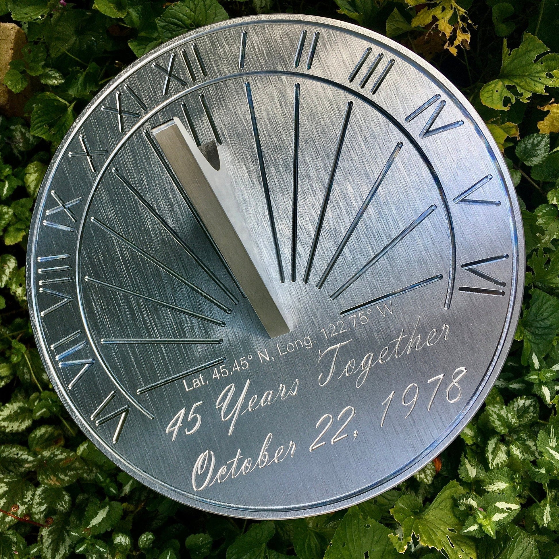 Apollo Sundial displayed in garden, asked how many years is sapphire anniversary. 