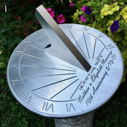 Personalized sundial compass displayed in garden as a beautiful personalized garden sundial. 