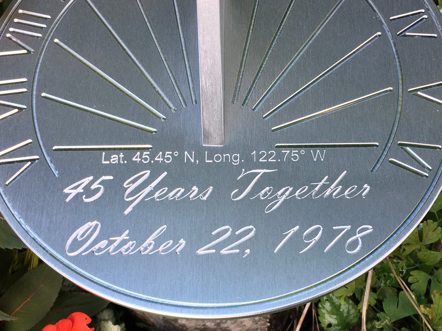 45th anniversary gift ideas for couples sundial displayed in garden, custom engraved for 45th wedding anniversary gifts for wife. 